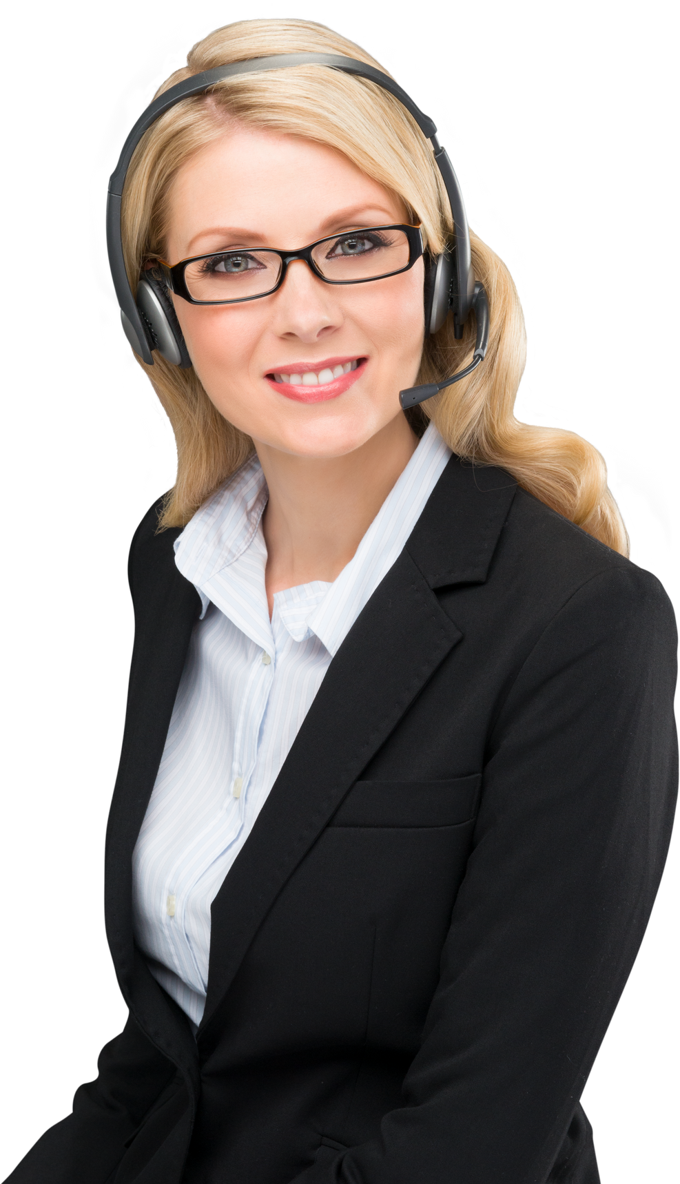 Friendly female customer service representative with long light blond hair in business formal outfit talking on headset - Isolat